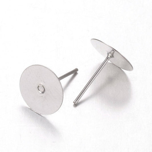 E196 - 100 pcs. (50 pairs) Silver Plated Earring Posts/Bases/Studs/Settings with Rubber Backs - 12mm x 10mm - 10mm Glue Pad