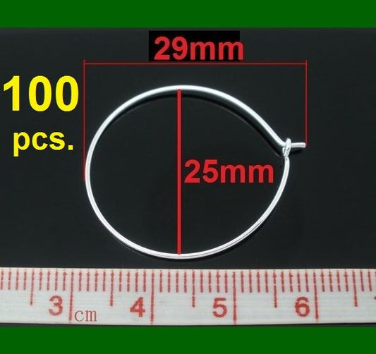 W003 - 100 pcs. Silver Plated Wine Charm/Earwire Hoop Rings - 25mm - 1 inch - 21 Gauge (0.7mm)