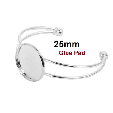 B023 - 1 pc. Silver Plated Open Cuff Bangle Adjustable Bezel Cabochon Bracelets - 25mm Glue Pad (1 inch - 1") - Made of Copper!