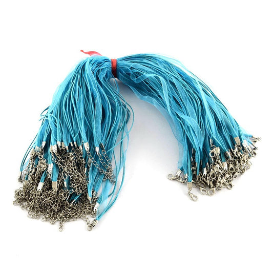 N039 - 15 pcs. Bondi Blue Organza Ribbon Waxen Cord Necklaces with Lobster Clasp - 17.7 inch (45 cm) - Claw Clasps and Extender Chains!