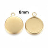 P992 - 10 pcs. 304 Stainless Steel Golden Circle Round Bezel Cabochon Pendant Tags Trays - 8mm Glue Pad - Single Loop - Tarnish Resistant!