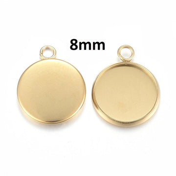 P992 - 10 pcs. 304 Stainless Steel Golden Circle Round Bezel Cabochon Pendant Tags Trays - 8mm Glue Pad - Single Loop - Tarnish Resistant!