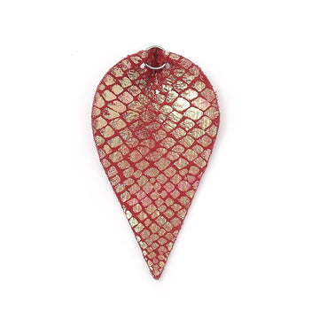 P271 - 10 pcs. Scales Faux Leather Dangle Charms Pendants - Pinch Leaf - Red - Silver Tone Jump Ring - 63mm (2.5") - Double Sided