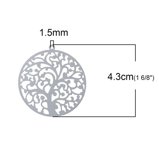 P1014 - 10 pcs. 304 stainless Steel Silver Tone Circle Metal Pendants Dangle Charms - Tree - 43mm x 40mm (1.7" x 1.6") - Great for Earrings!