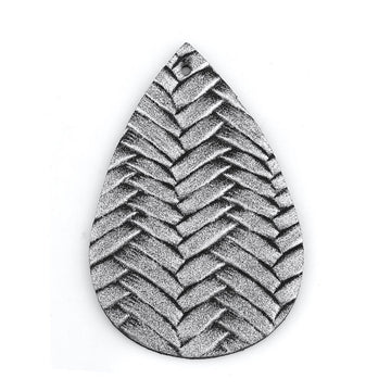 P1069 - 10 pcs Silver Faux Leather Dangle Charms Pendants - Teardrop Braided Weave - 56mm (2.2") - Great for Light Earrings or Dangles! Double-Sided
