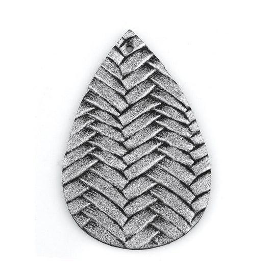 P1069 - 10 pcs Silver Faux Leather Dangle Charms Pendants - Teardrop Braided Weave - 56mm (2.2") - Great for Light Earrings or Dangles! Double-Sided