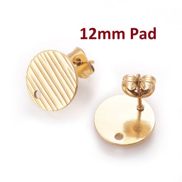 E562 - 10 pcs. (5 pairs) 304 Stainless Steel Golden Earring Posts/Bases/Studs/Settings - 12mm Diameter - Hole Size: 1.8mm - TEXTURED - Style C