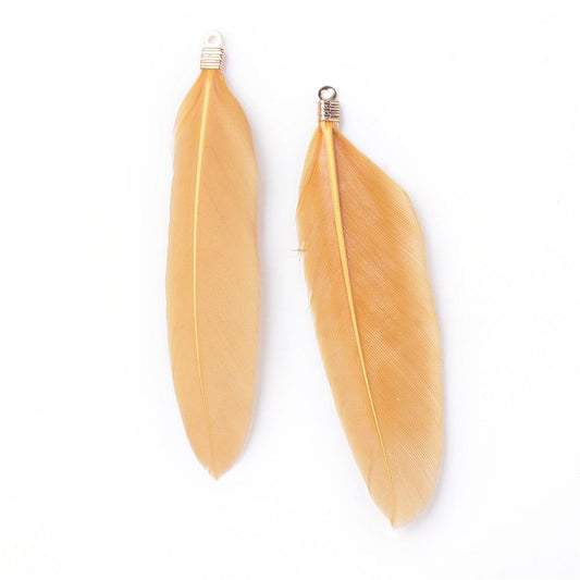 P379 - 10 pcs Sandy Beige Dangle Charms Pendants - Feather - Gold Tone Crimps - 75mm (2.95") - Great for Light Earrings or Dangles!