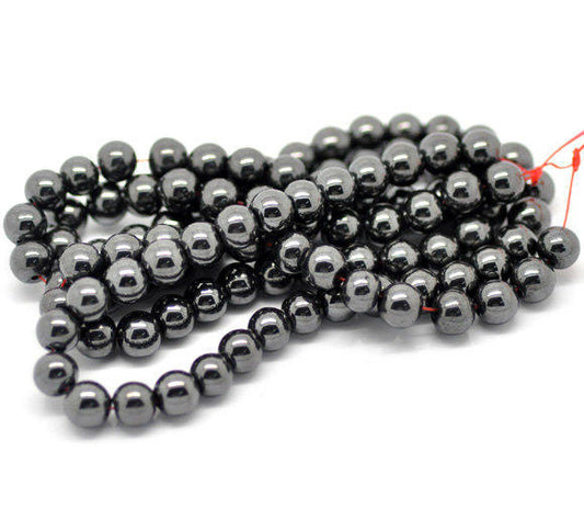 BD062 - 50 pcs. - 8mm Black Synthetic Hematite Round Beads - 15.75 inch strand - 1mm Hole Size