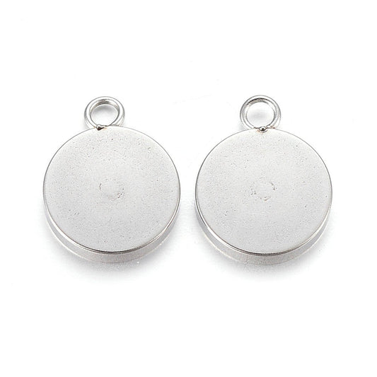 P1176 - 10 pcs. 304 Stainless Steel Silver Tone Circle Round Bezel Cabochon Pendant Tags Trays - 12mm Glue Pad - Single Loop - Single Sided