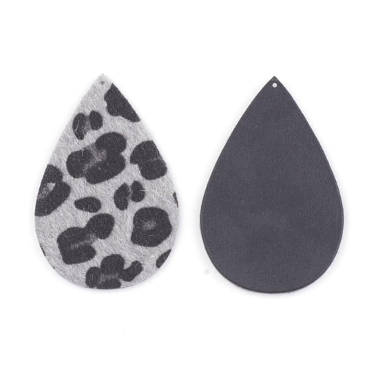P2077 - 10 pcs. Gray Leopard Faux Fur Leather Dangle Charms Pendants - Teardrop - 70mm (2.76") - Great for Light Earrings or Dangles! Black Back