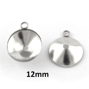 E566 - 10 pcs. 304 Stainless Steel Silver Tone Circle Round Bezel Cabochon Pendant Tags Trays - 12mm Glue Pad - Single Loop - Pointed Back