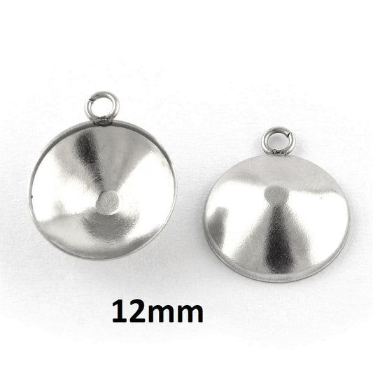 E566 - 10 pcs. 304 Stainless Steel Silver Tone Circle Round Bezel Cabochon Pendant Tags Trays - 12mm Glue Pad - Single Loop - Pointed Back