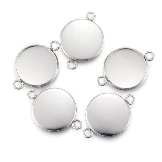 P1185 - 10 pcs. 304 Stainless Steel Silver Tone Circle Round Bezel Cabochon Cameo Connector Tags Trays - 20mm Glue Pad - Tarnish Resistant!