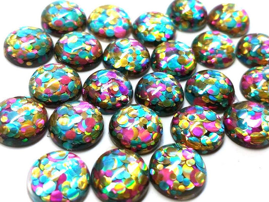 CA992 - 10 pcs Druzy Resin Embellishment Cabochons - 12mm - Glitter Style - Teal, Gold and Pink