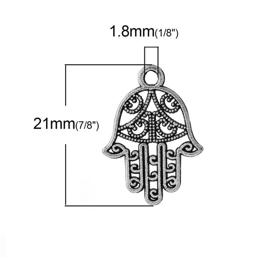 P125 - 10 pcs. Antique Silver Hamsa Hand Symbol Charms Pendants - 21mm x 15mm