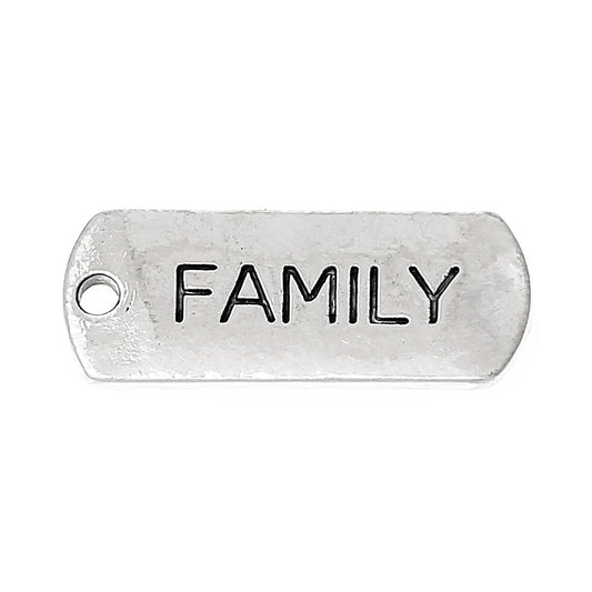 P329 - 10 pcs. Antique Silver "Family" Rectangle Charms Pendants - 21mm X 8mm