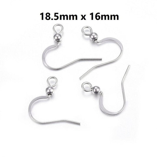 E753 - 50 pcs (25 pairs) 304 Stainless Steel Silver Tone Flat Earring Hooks - 18.5mm x 16mm - High Quality! Hole Size: 2mm