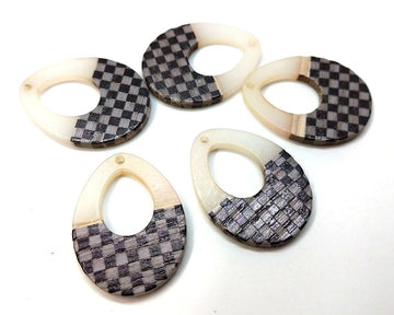 P1198 - 4 pcs. Gray and Black Resin and Wood Teardrop Flat Pendant - 38mm x 28mm - (1.5" x 1.1") - LARGE - Great for Earrings and Necklaces!