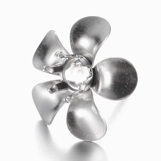 E754 - 10 pcs. 304 Stainless Steel Earring Posts Studs Settings Bezels Cabochons Tacks - 4mm Glue Pad Setting - Silver Tone - Flower Design
