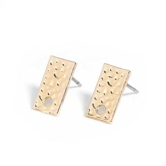 E723 - 10 pcs. (5 pairs) Gold Plated Earring Posts/Bases/Studs/Settings - Hammered Style - Rectangle - 12mm x 6mm - Hole Size: 1.7mm