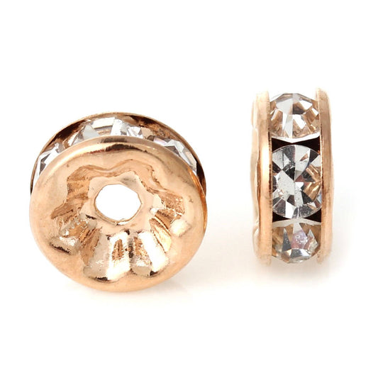 BD393 - 50 pcs Rose Gold Plated Copper Clear Rhinestone Rondelle Spacer Beads - 8mm x 3.4mm - Hole Size: 1.8mm
