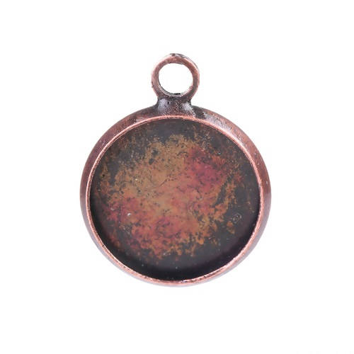 P1016 - 10 pcs. Antique Copper Circle Round Bezel Cabochon Pendant Tags Trays - 12mm Glue Pad - 17x14mm - Single Loop