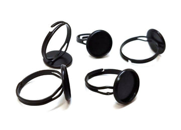 RB032 - 5 pcs. Black ADJUSTABLE Cabochon Setting Bezel RING bases settings - Ring Size 6 US - Glue Pad 12mm