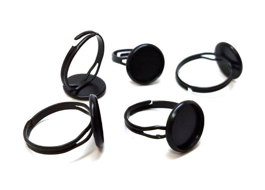 RB032 - 5 pcs. Black ADJUSTABLE Cabochon Setting Bezel RING bases settings - Ring Size 6 US - Glue Pad 12mm