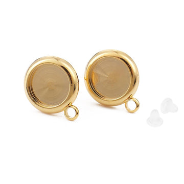 E733 - 4 pcs. 18K Gold Filled Earring Posts Studs Settings Bezels Cabochons Tacks with Parallel Loop - 8mm Glue Pad Setting - Made of Copper