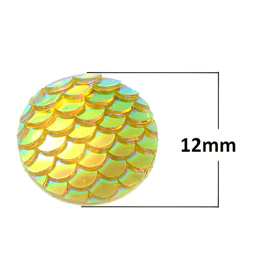 CA004 - 5 pcs Mermaid Fish Scales Resin Carved Embellishment Cabochons Yellow Orange AB - 12mm