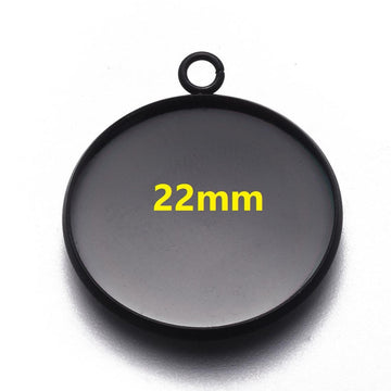 P2054 - 5 pcs. 304 Stainless Steel Gunmetal Black Circle Round Bezel Pendant Tags Trays - 22mm Glue Pad Setting - Tarnish Resistant!