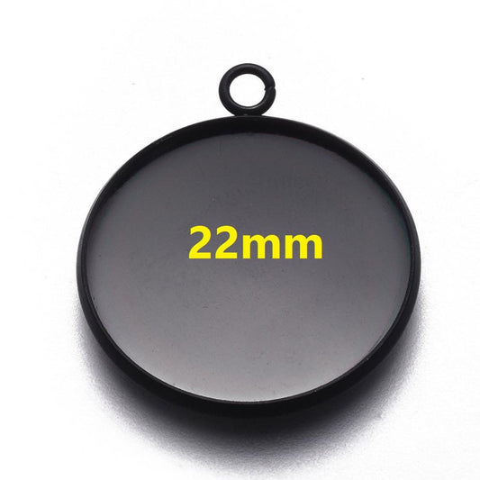 P2054 - 5 pcs. 304 Stainless Steel Gunmetal Black Circle Round Bezel Pendant Tags Trays - 22mm Glue Pad Setting - Tarnish Resistant!