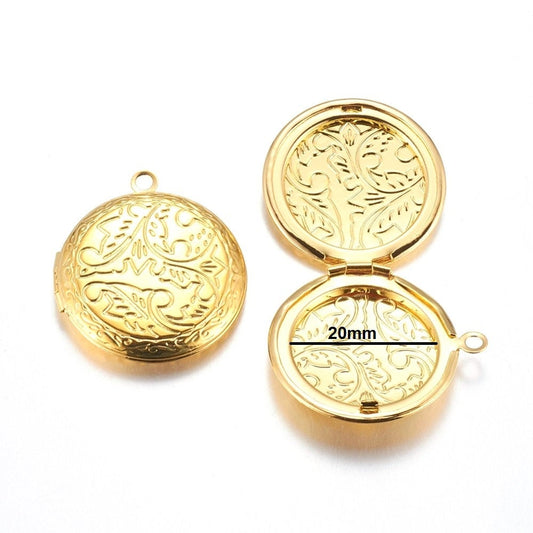 P745 - 2 pcs. Golden Carved Round Pendant Photo Picture Locket Box - 33.5mm Diameter (1.32 inch) - Space for 2 pictures - Fits 20mm Tiles Cabochons