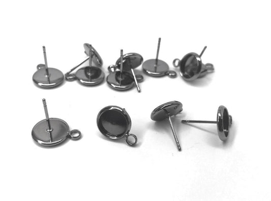 E590 - 10 pcs. Gunmetal Earring Posts Studs Settings Bezels Cabochons Tacks with Loop - 8mm Glue Pad Setting