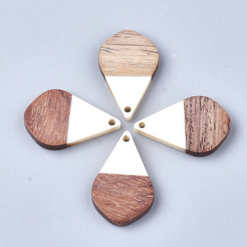 P1025 - 4 pcs. White Resin and Wood Teardrop Flat Pendant - 28mm x 18mm - (1.1" x 0.71") - SMALL - Great for Earrings and Necklaces