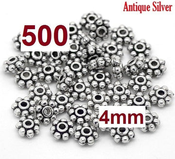 BD443 - 500 pcs Antique Silver Snowflake Daisy Spacer Beads- 4mm