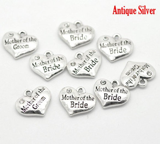 P066 - 10 pcs. Antique Silver "Mother of the Bride" charm with rhinestone- 16mm X 14mm