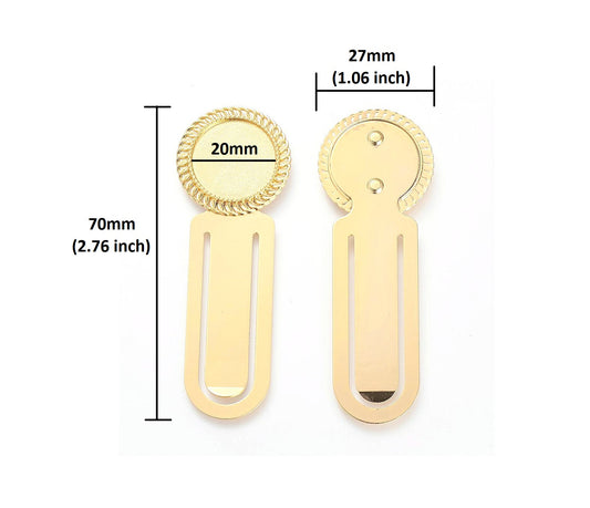 BM004 - 5 pcs. - Golden Bookmarks with Bezel - Great to use with 20mm Cabochons - 70mm (2.76") length - 27mm (1.06" width) - 20mm Glue Pad