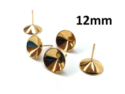 E597 - 10 pcs. (5 pairs) 304 Stainless Steel Earring Cone Posts Studs - For 12mm Pointed Back Rhinestones - Golden
