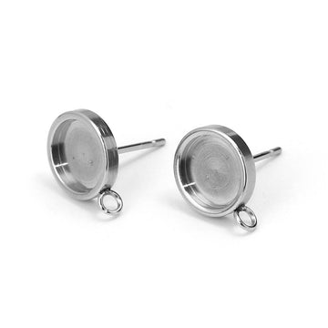 E500 - 10 pcs. 304 Stainless Steel silver Tone FLAT Earring Posts Studs Settings Bezels Cabochons Tacks - 8mm Glue Pad Setting - Perpendicular Loop