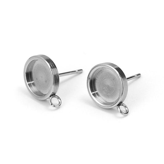 E500 - 10 pcs. 304 Stainless Steel silver Tone FLAT Earring Posts Studs Settings Bezels Cabochons Tacks - 8mm Glue Pad Setting - Perpendicular Loop