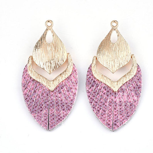 MP0001 - 10 pcs. Metal and Faux Leather Dangle Charms Pendants - Pink - Gold Hardware - 61mm (2.4")