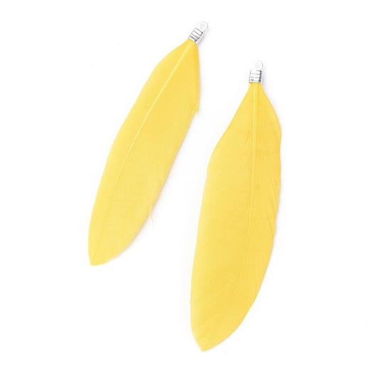 P380 - 10 pcs Yellow Dangle Charms Pendants - Feather - Silver Tone Crimps - 75mm (2.95") - Great for Light Earrings or Dangles!