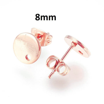 E506 - 10 pcs. (5 pairs) 304 Stainless Steel Rose Gold Earring Posts/Bases/Studs/Settings - 12mm Length - 8mm Diameter - Hole Size: 1mm