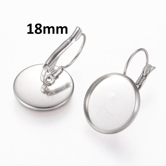 E038 - 10 pcs. 304 Stainless Steel Earring Clips Settings Lever Back Bezels Cabochons - 18mm Glue Pad Setting