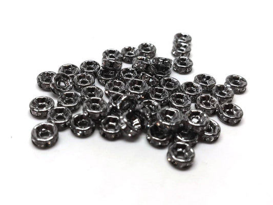BD494 - 50 pcs Gunmetal Black Clear Rhinestone Rondelle Spacer Beads - 4mm x 2mm - Grade AAA - Hole Size: 1mm - Straight Edge