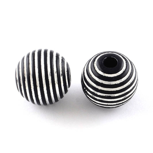 BD534 - 60 pcs Silver and Black Acrylic Round Striped Spacer Beads - 18mm - Fits Paracord and European Cords! Hole Size: 4.5mm