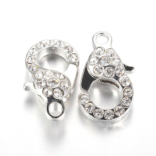 CL161 - 5 pcs. Silver Tone Rhinestone Lobster Clasps - 21mm x 12mm - Platinum - Claw Clasps