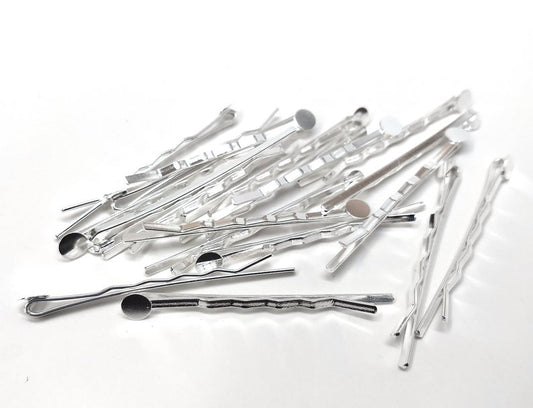 H100 - 20 pcs. Silver Plated Bobby Pins - 6mm Glue Pad - Ripple Pattern - 56mm x 6mm